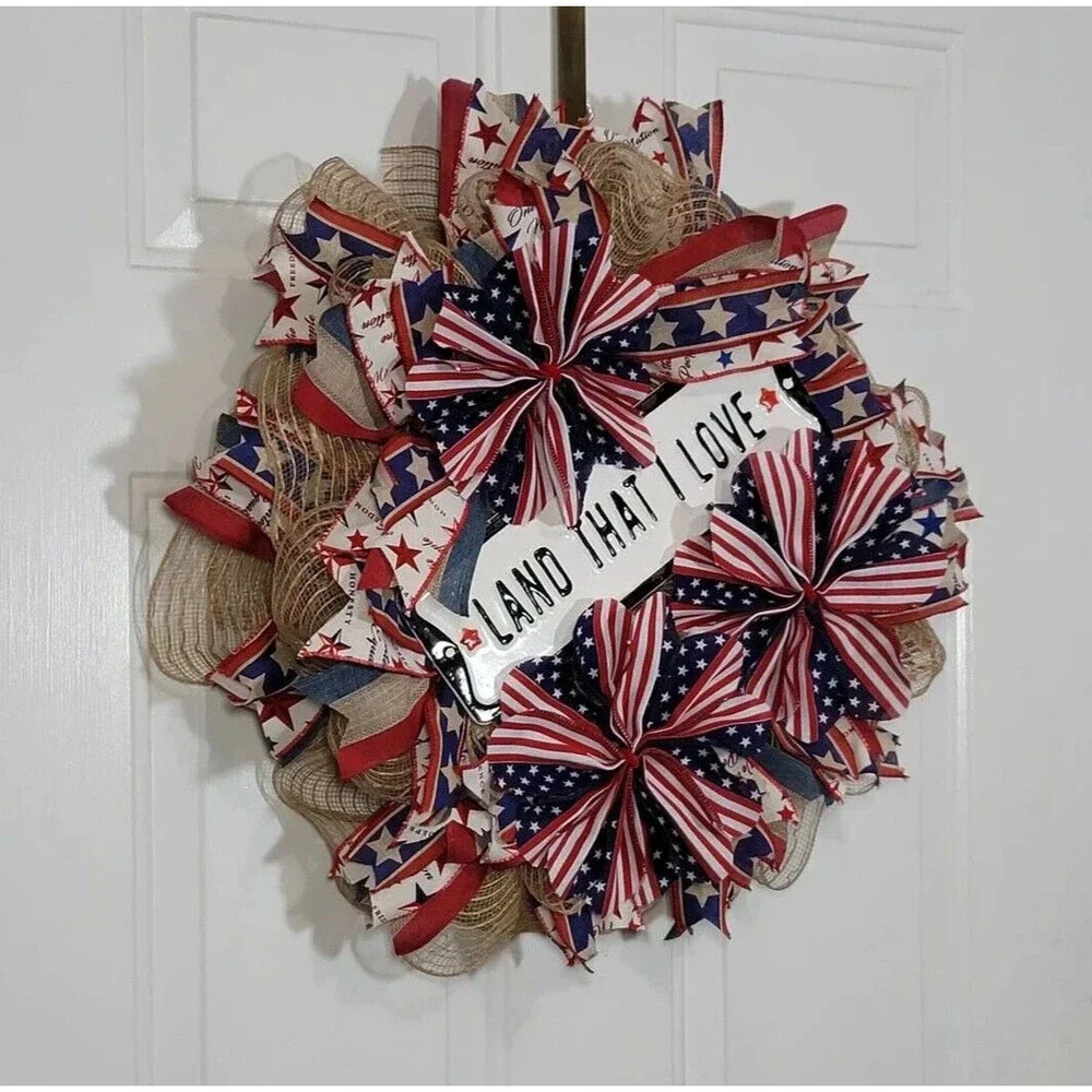Patriotic Land That I Love Wreath, Pancake Wreath, 4th of July Front Door Wreath